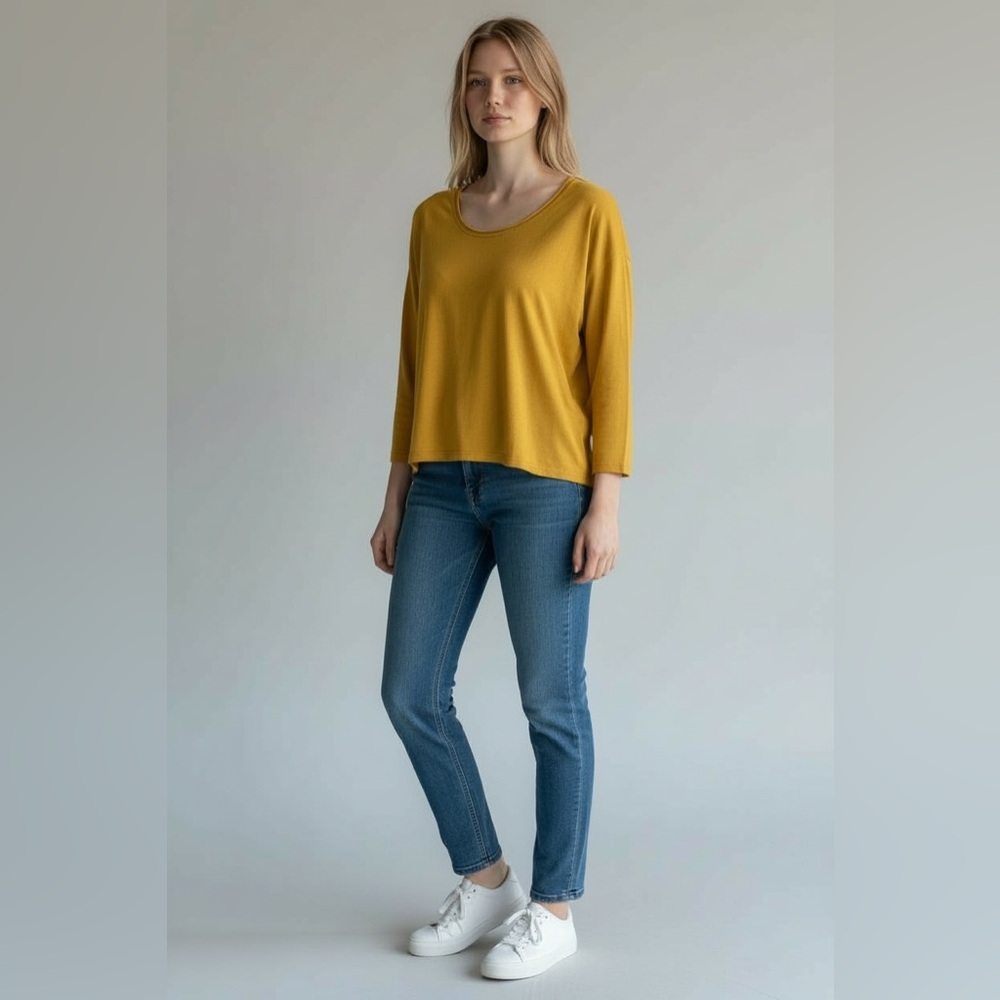 Jewel Toffier Boxy Tee S Small Yellow Ruffle‎ Trim Scoop 3/4 Sleeve Soft Stretch